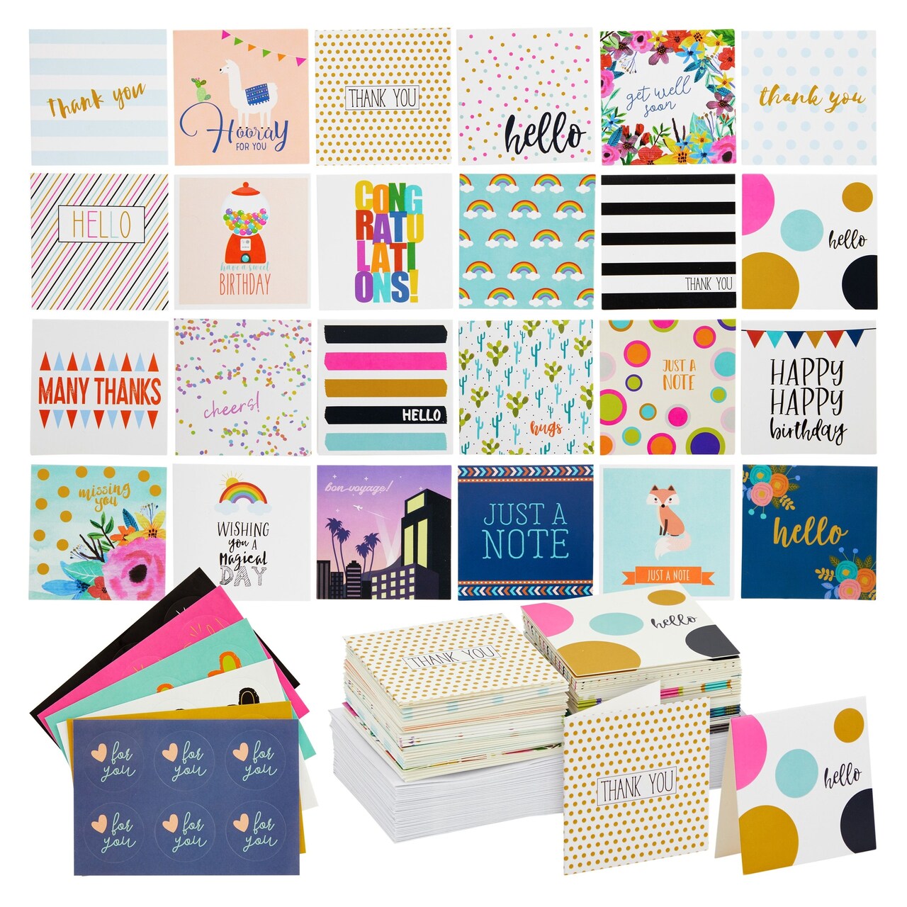 72 Pack Mini Note Cards with Envelopes and Stickers, All Occasions Greeting Cards for Flower Bouquets, Gifts, 24 Assorted Designs (2.5" x 2.5")